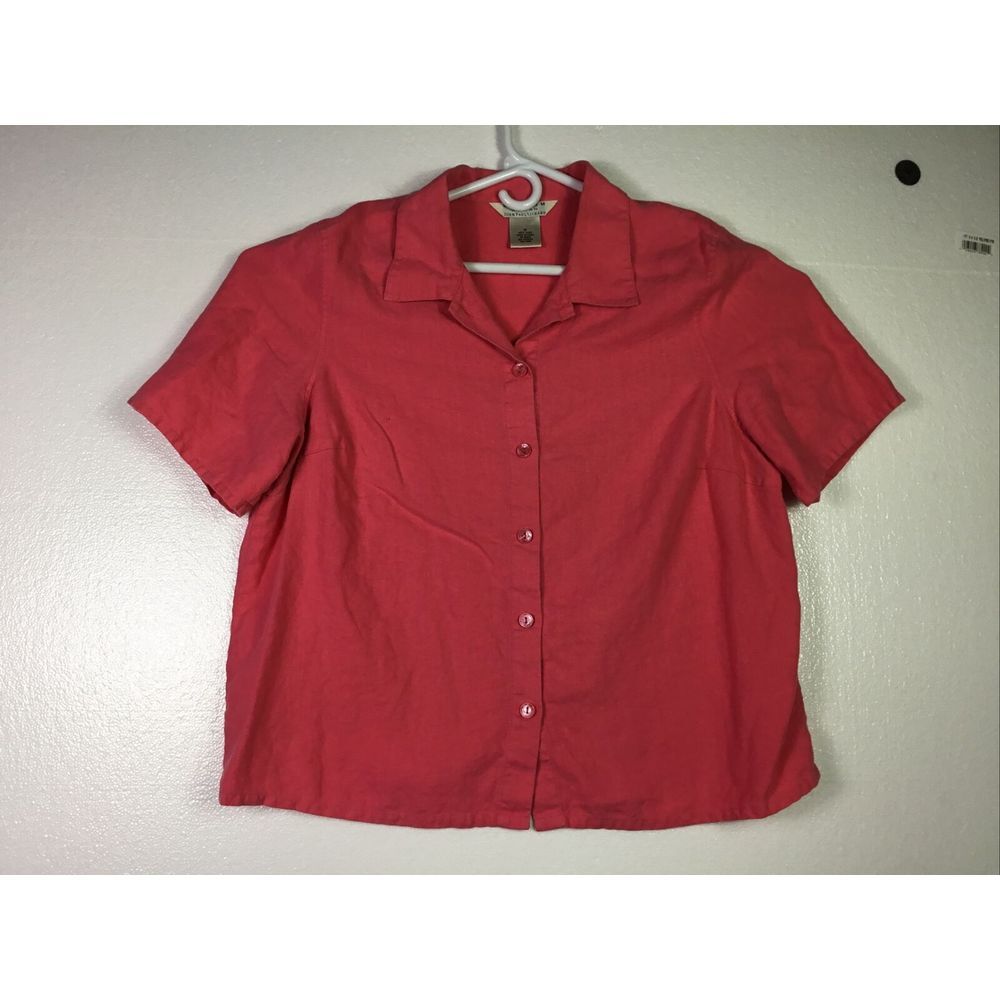John Paul Richard  Womens Linen Blouse Sz 1X Pink button up short sleeves‎ Shirt